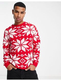 knitted christmas sweater with snowflake design in red