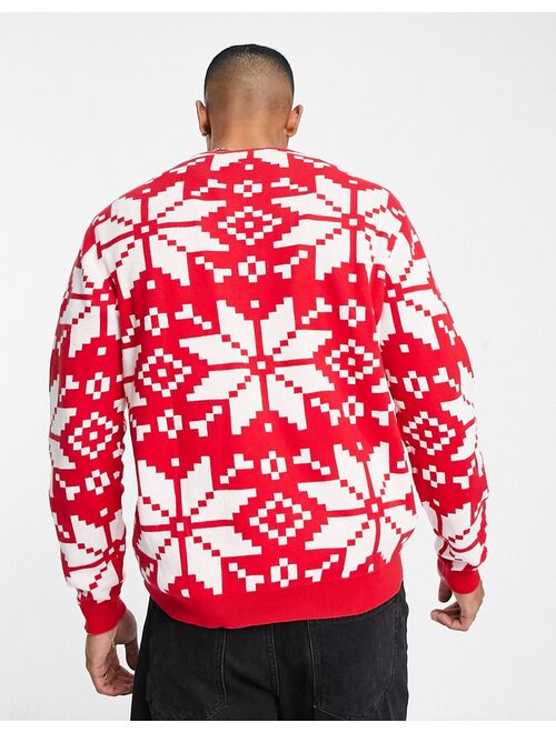 ASOS DESIGN knitted christmas sweater with snowflake design in red