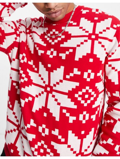 ASOS DESIGN knitted christmas sweater with snowflake design in red