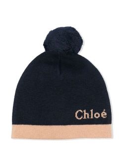 Chloe Kids logo-print two-tone pompom beanie