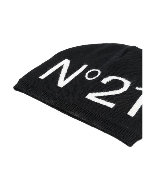 No21 Kids intarsia-knit logo beanie hat
