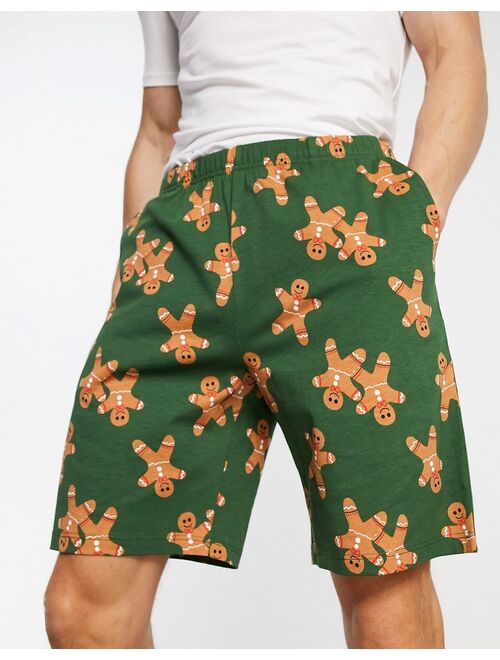 ASOS DESIGN lounge short in green with Christmas gingerbread man print