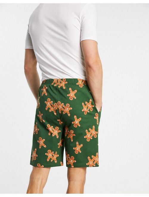 ASOS DESIGN lounge short in green with Christmas gingerbread man print