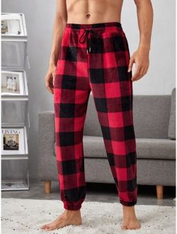 Men Buffalo Plaid Print Drawstring Waist Teddy Pajama Pants