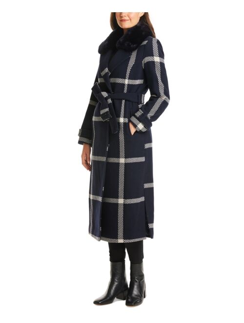 VINCE CAMUTO Women's Faux-Fur-Collar Plaid Maxi Wrap Coat