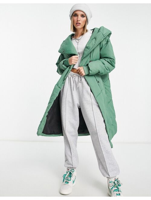 Noisy May Petite longline padded coat with hood in green