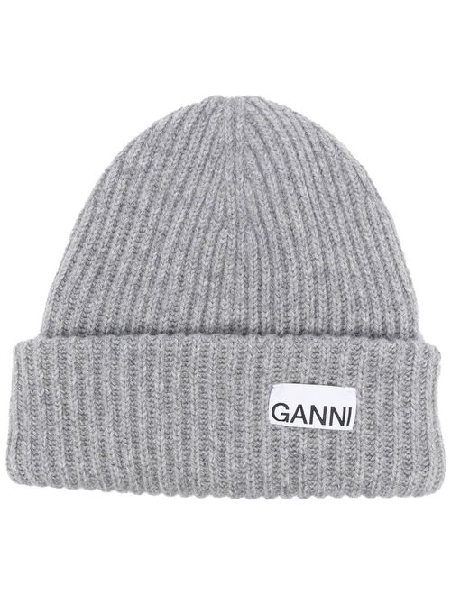 GANNI logo-patch rib-knit beanie