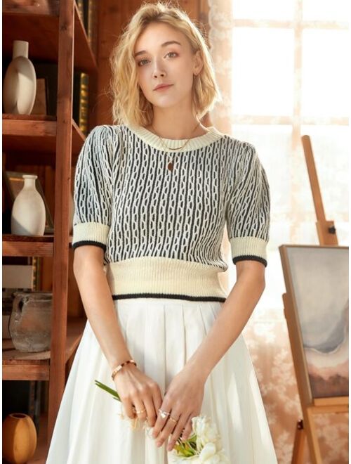 Shein Knit Mix Graphic Pattern Puff Sleeve Knit Top