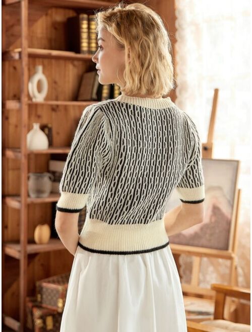 Shein Knit Mix Graphic Pattern Puff Sleeve Knit Top