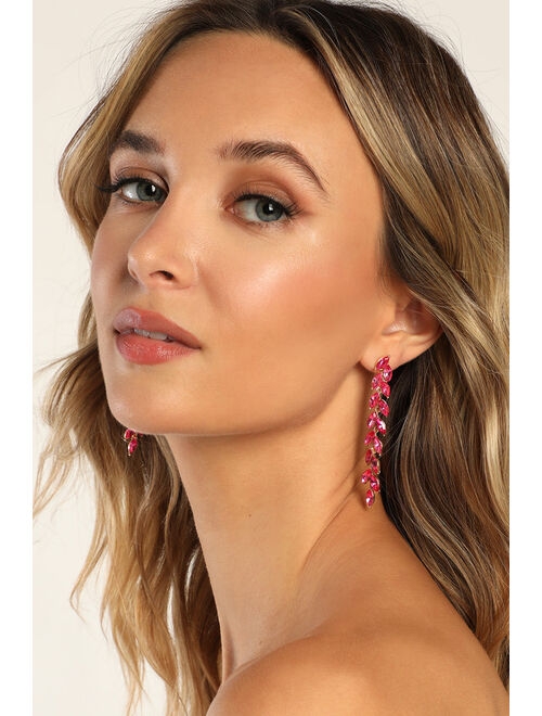 Lulus Shining Impression Hot Pink Rhinestone Leaf Duster Earrings