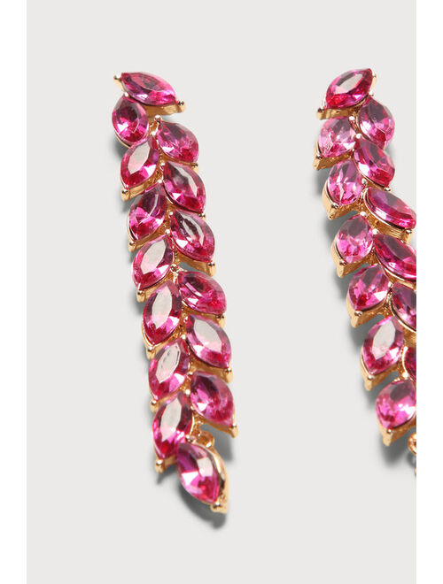 Lulus Shining Impression Hot Pink Rhinestone Leaf Duster Earrings