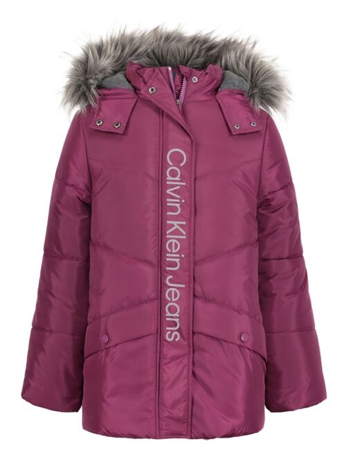 CALVIN KLEIN Big Girls Logo Placket Hooded Puffer Jacket