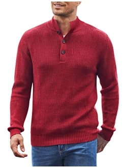 Men Stand Collar Sweater Knit Henley Long Sleeve Quarter Button Pullover