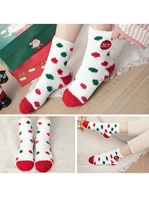 Christmas Fuzzy Socks COSYOO 6 Pairs Cute Coral Fleece Warm Cozy Socks Holiday Slipper Socks XMAS Fluffy Crew Socks for Women GirlS