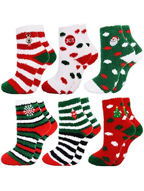 Christmas Fuzzy Socks COSYOO 6 Pairs Cute Coral Fleece Warm Cozy Socks Holiday Slipper Socks XMAS Fluffy Crew Socks for Women GirlS
