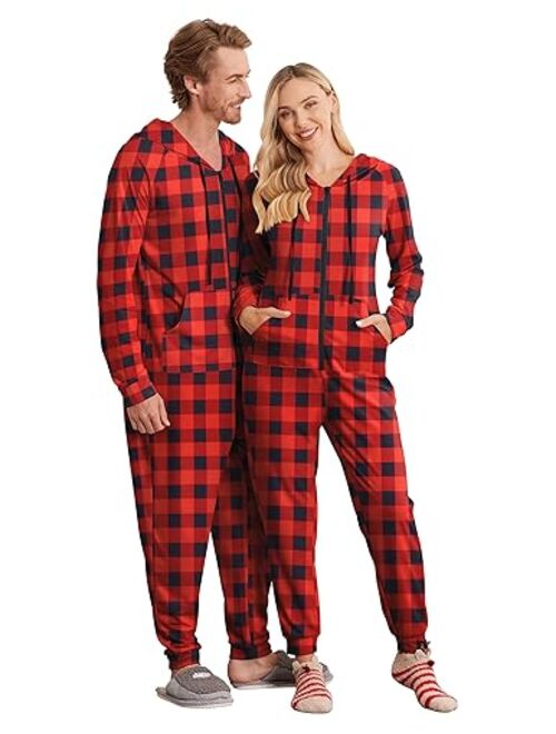 Ekouaer Christmas FamilyMatchingPajamas Hooded Zipper Onesies LongSleeve Couple One Piece Sleepwear with Pockets S-XXL