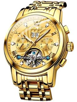 Automatic Watches for Men Diamond Skeleton Mechanical Tourbillon Self Winding Luxury Dress Wrist Watches Calendar Luminous Waterproof