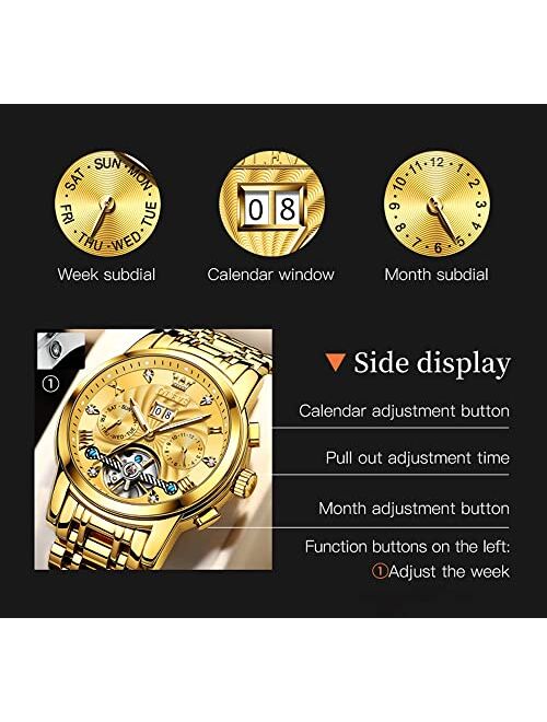 OLEVS Automatic Watches for Men Diamond Skeleton Mechanical Tourbillon Self Winding Luxury Dress Wrist Watches Calendar Luminous Waterproof