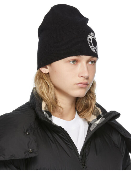 BURBERRY Black Cashmere Graphic Logo Beanie