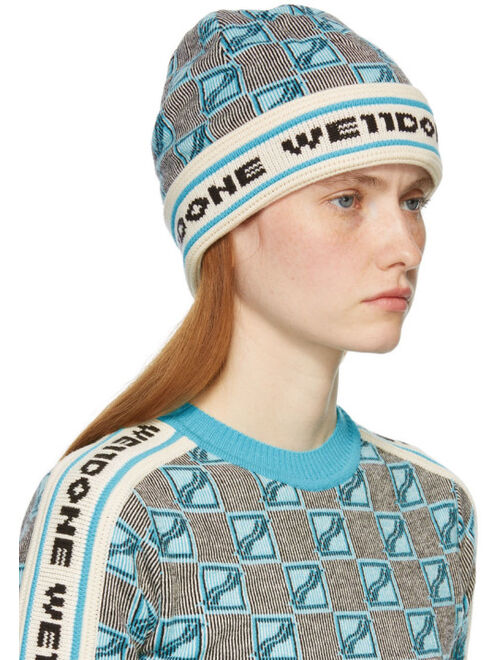 We11done Blue Logo All Over Short Beanie