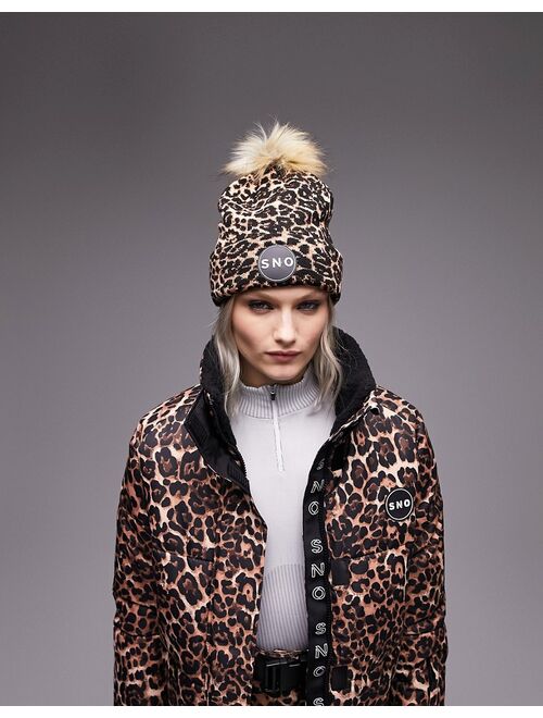 Topshop Ski fur pom beanie in leopard