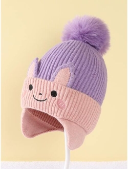 Toddler Kids Cartoon Embroidery Pom Pom Decor Hat