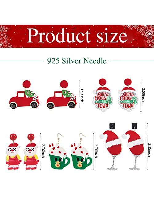 Loucey 5 Pairs of Acrylic Christmas Earrings Set - Holiday Earrings for Girls-Santa Claus Cocktail Cup Christmas Hat for Teen Girls Christmas Jewelry for Gift