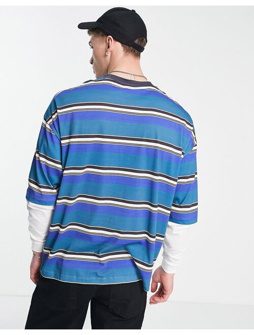 ASOS DESIGN oversized stripe long sleeve t-shirt in blue with under layer