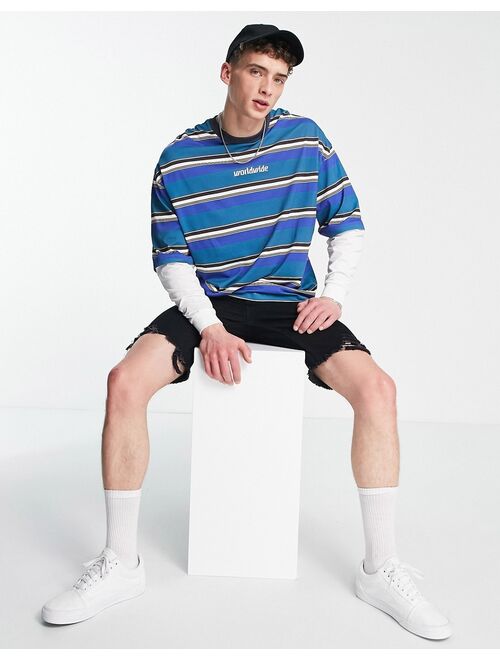 ASOS DESIGN oversized stripe long sleeve t-shirt in blue with under layer