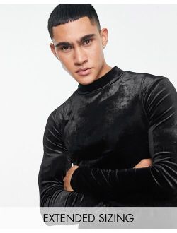muscle fit long sleeve t-shirt in black velour with turtle neck