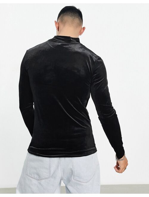 ASOS DESIGN muscle fit long sleeve t-shirt in black velour with turtle neck
