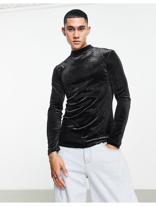 ASOS DESIGN muscle fit long sleeve t-shirt in black velour with turtle neck
