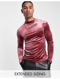 muscle fit long sleeve t-shirt in burgundy velour with turtle neck