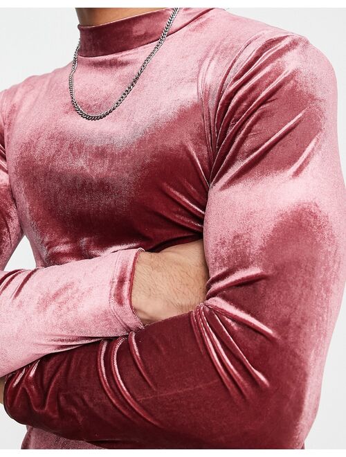 ASOS DESIGN muscle fit long sleeve t-shirt in burgundy velour with turtle neck