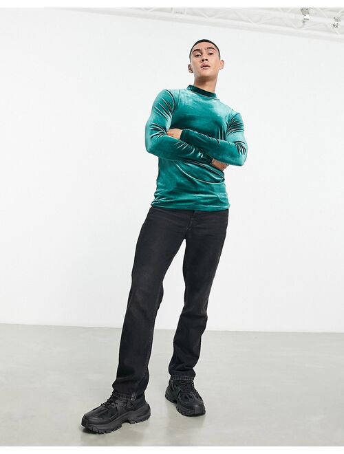 ASOS DESIGN muscle fit long sleeve T-shirt in dark green velour with turtle neck