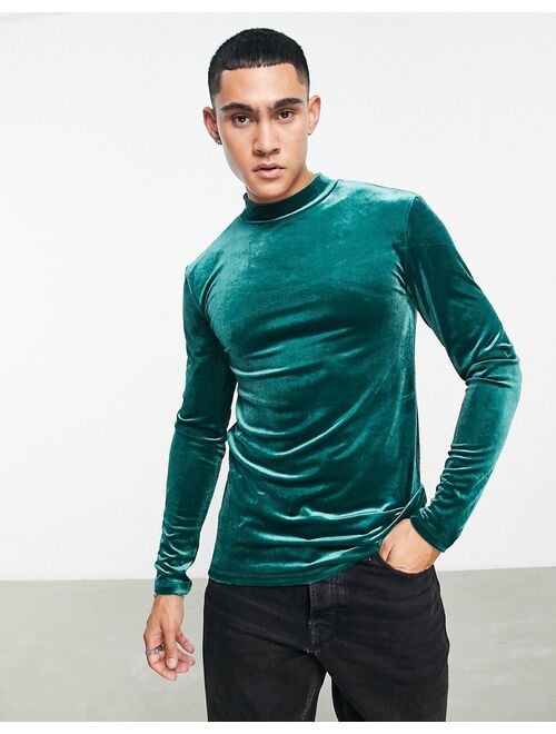 ASOS DESIGN muscle fit long sleeve T-shirt in dark green velour with turtle neck