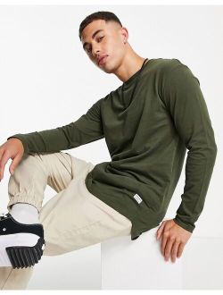 Essentials cotton long sleeve top with curve hem in khaki