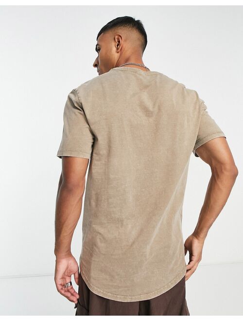 Only & Sons longline curve hem T-shirt in washed beige
