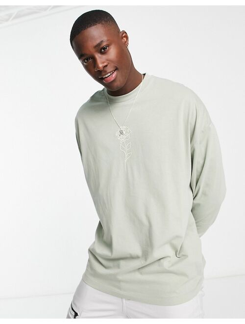 ASOS DESIGN oversized long sleeve t-shirt in light green with rose embroidery