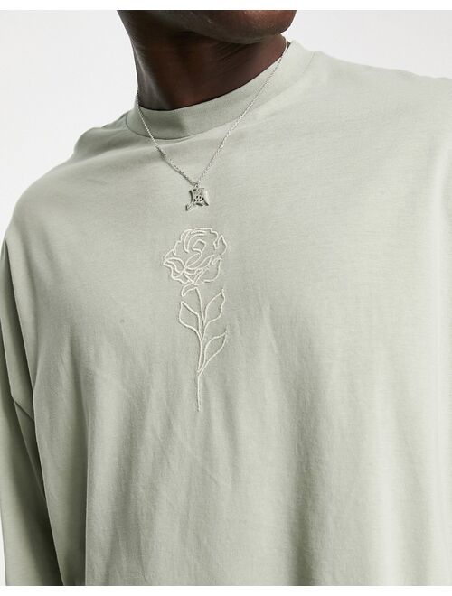 ASOS DESIGN oversized long sleeve t-shirt in light green with rose embroidery