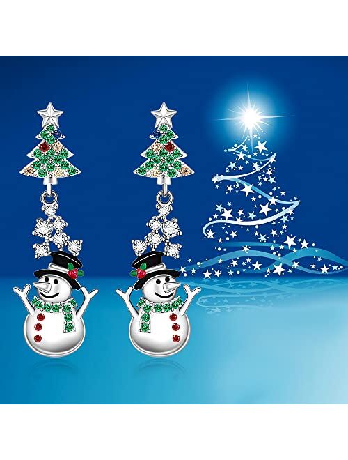 Fenthring Christmas Tree Snowman Earrings for Women Girls Sterling Silver Tree with Star Holiday Dangle Drop Earrings Frozen Winter Colorful CZ Xmas Gift