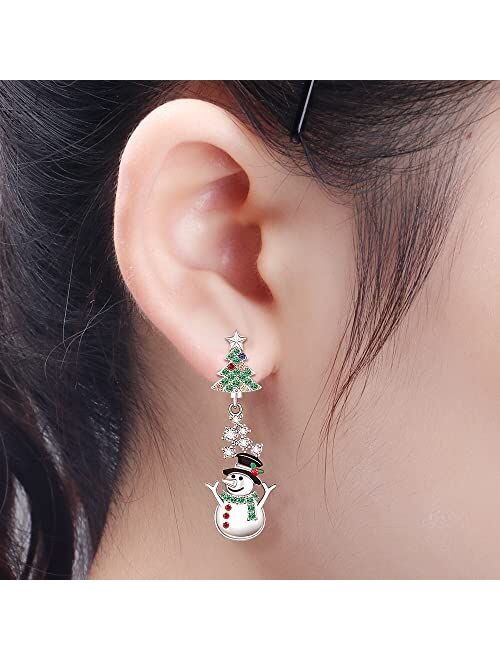 Fenthring Christmas Tree Snowman Earrings for Women Girls Sterling Silver Tree with Star Holiday Dangle Drop Earrings Frozen Winter Colorful CZ Xmas Gift