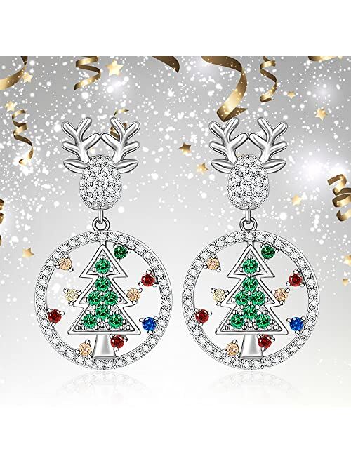 Fenthring Christmas Tree Earrings Reindeer Earrings for Women Girls Sterling Silver Green Tree Deer Dangle Drop CZ Holiday Jewelry Xmas Gifts