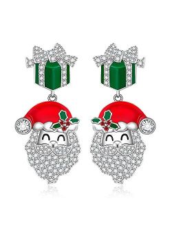 Fenthring Christmas Santa Earrings for Women Girls Sterling Silver Cute Red Xmas Green Gift Box Santa Claus Dangle Drop Earrings Holiday Gift
