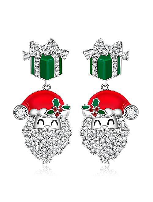 Fenthring Christmas Santa Earrings for Women Girls Sterling Silver Cute Red Xmas Green Gift Box Santa Claus Dangle Drop Earrings Holiday Gift