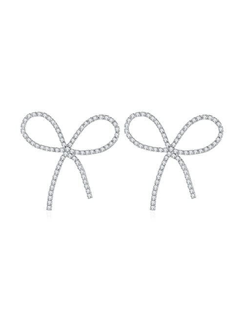 Famarine Bow Earrings for Women Silver Plated Cubic Zirconia Bow Drop Earrings for Women Gift