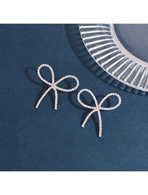 Famarine Bow Earrings for Women Silver Plated Cubic Zirconia Bow Drop Earrings for Women Gift