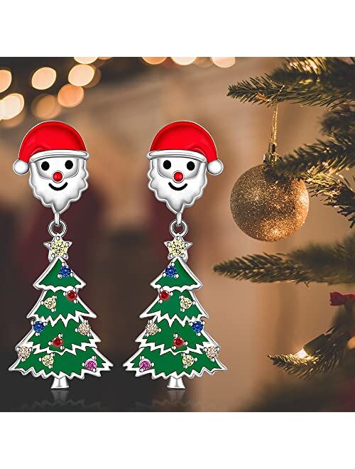 Fenthring Christmas Tree Earrings Santa Earrings for Women Girls Sterling Silver Santa Claus Green Tree with Star Dangle Drop CZ Holiday Jewelry Xmas Gifts