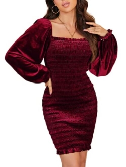Glamaker Womens Long Sleeve Velvet Dress Elegant Bodycon Mini Party Cocktail Dress