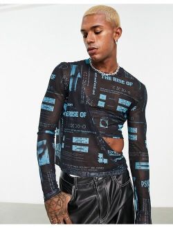 skinny long sleeve T-shirt with cut out in black and blue printed mesh